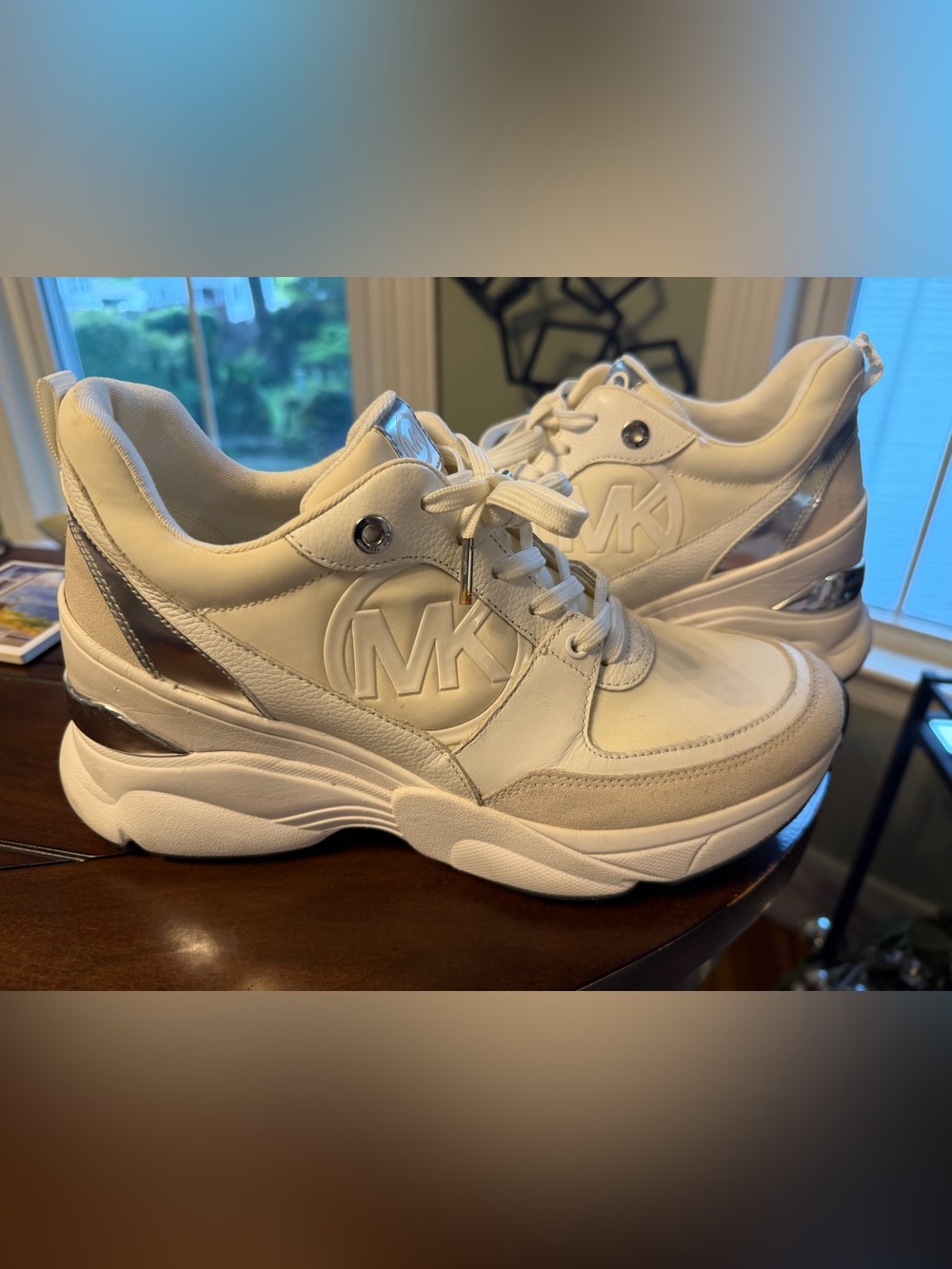 Michael Kors White Leather & Suede Wedge Trainer Sneakers